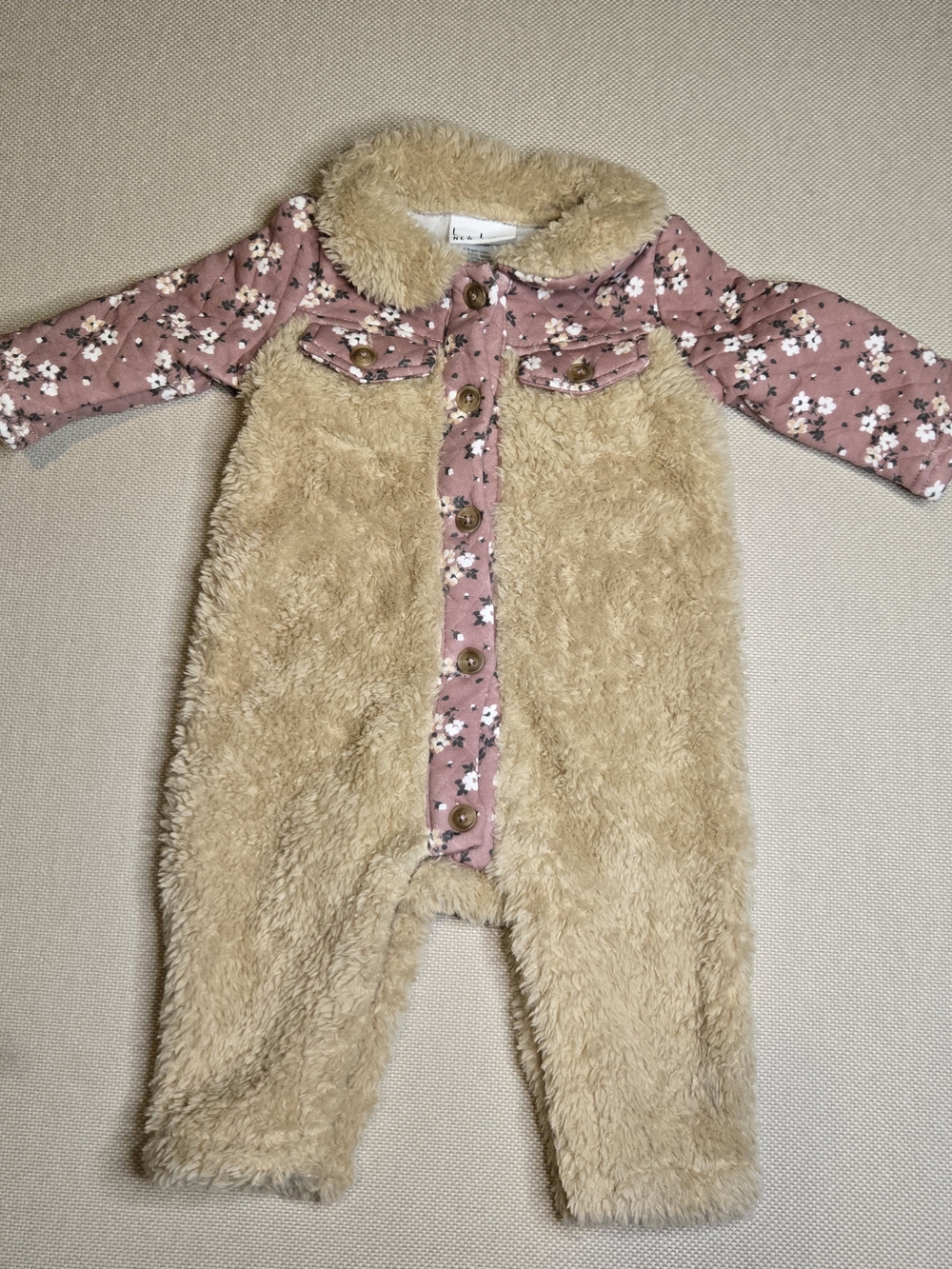 Plush Tan & Pink Floral Baby One-Piece Romper